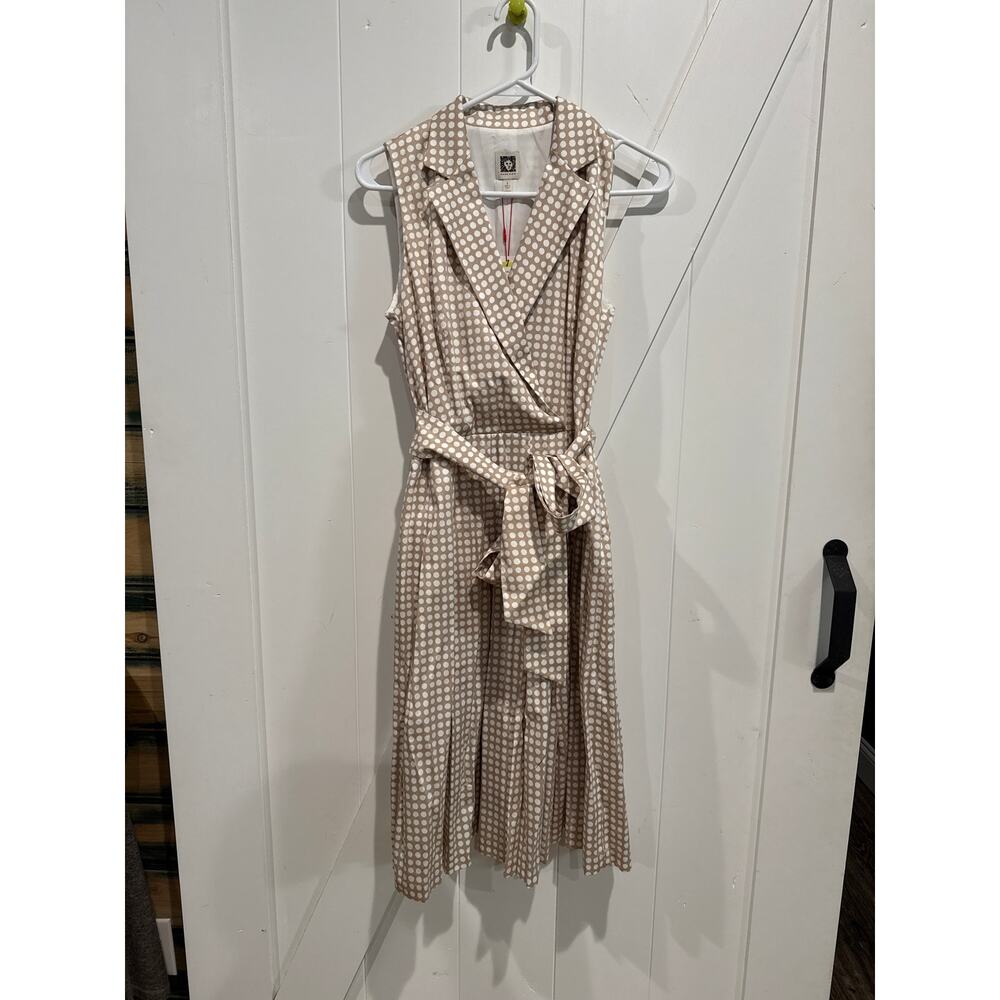 Anne Klein Womens Wrap Style Dress 4 Beige White Polka Dot Sleeveless Collared